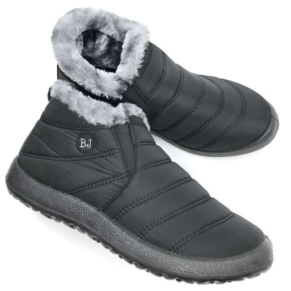 BJ Black Quilted Faux Fur Lined Soft Sole Flat Ankle Waterproof Slipper Shoes - Picture 5 of 16